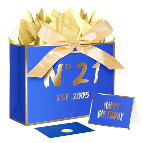 JWSCYSY 21th Blue Birthday Gift Bag with Card, Tissue Paper and Ribbon for Men Boys Birthday Party Favor, Presents Wrapping (12.6" EST 2005) - color: 21TH