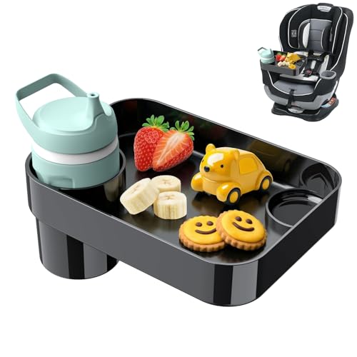 Car Seat Snack Tray for Toddlers - 3 Inch Cup Holder Fits Most Sippy Cups & Straw Bottles with Dip Well, Mess-Free Square Kids Travel Tray Road Trip Essentials, Black - color: Black