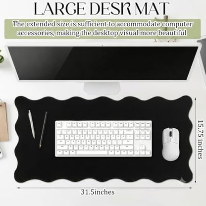 Hahafelt Scalloped Desk Mat Large Desk Pad Cute Coquette Table Mat Back to School Preppy Table Make up Pad Nonslip Graduation Gift with Stitching Waterproof Gaming(Black,23.6 x 13.8 Inches) - color: Black, size: 23.6 x 13.8 Inches
