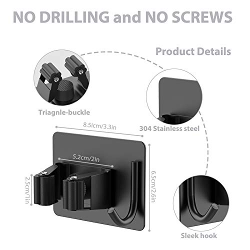 homeasy Mop Broom Holder No Drill, Mop Broom Organizer Wall Mounted Heavy Duty with Hooks Hanger, Self Adhesive Stainless Steel 6Pcs for Bathroom, Kitchen, Office (Black) - color: Black