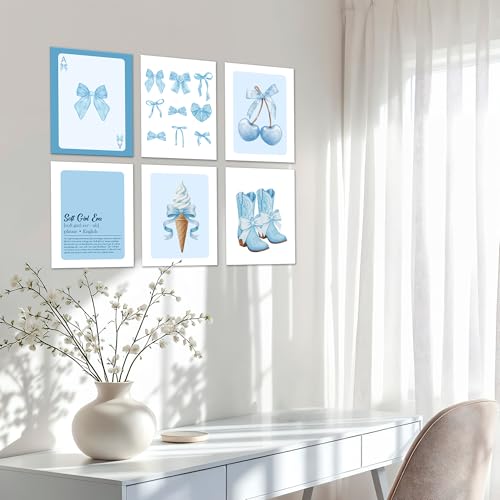 Isfvqyub Preppy Blue And White Cherry Wall Art, Aesthetic Cowgirl Boot Poster For Cowgirl Cowboy, Trendy Coquette Bow Ice Cream Wall Decor For Bedroom Dorm College Apartment, Set Of 6 -A08 - size: Blue And White Cherry