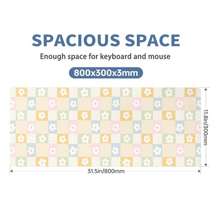 Cute Checkered Mouse Pad Large Desk Mat Extended Keyboard XL Mouse Pad Kawaii Mousepad with Non-Slip Base and Stitched Edge Daisy Mouse Mat Desk Pad 31.5 x 11.8 in Mouse Pads for Desk Home Office - color: Colorful Daisy Checkered