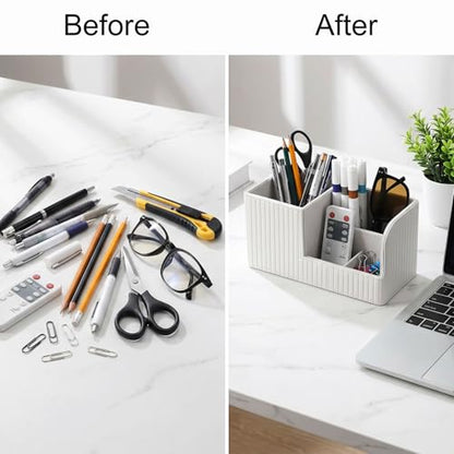 Desk Pen Organizer, PU Leather Desk Organizer with White Stripe, Small Desks Organizers for Office Supplies, Pen Holder for Desks, Pencil Holder, Night Stand Organizers, 8.26"L x 3.93"W x 4.3"H