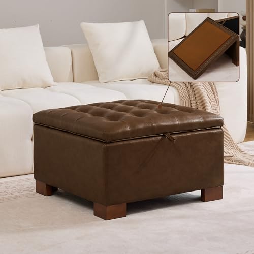 WUTUTUEE 30" Faux Leather Square Storage Ottoman with Wooden Tray, Modern Tufted Button Footstool Coffee Table, Upholstered Large Ottoman for Living Room, Bedroom, Coffee - color: Coffee-pu, size: 30 Inch