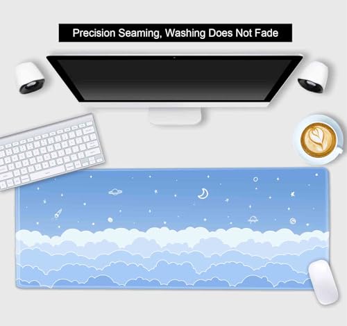 Cute Pastel Blue Desk Mat, Minimalist Large Gaming Mouse Pad Mousepad for Laplop, Kawaii Anime Desk Pad, Gradient White Clouds Computer Pads, Aesthetic Stars Moon Deskpad, 31.5 X 11.8 Inch - color: Gradient Clouds
