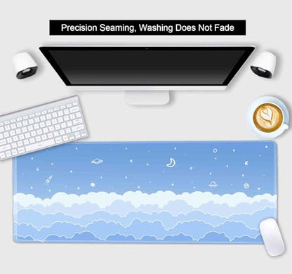 Cute Pastel Blue Desk Mat, Minimalist Large Gaming Mouse Pad Mousepad for Laplop, Kawaii Anime Desk Pad, Gradient White Clouds Computer Pads, Aesthetic Stars Moon Deskpad, 31.5 X 11.8 Inch - color: Gradient Clouds