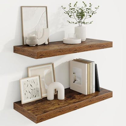 Marsmiles 24in Floating Shelves for Wall, 24" W x 9.25" D x 1.25" H, 2 Pack Long Wall Mounted Engineered Wood Shelves with Invisible Brackets for Living Room, Bedroom, Bathroom, Kitchen, Rustic Brown - color: Rustic Brown With Invisible Metal Brackets, si