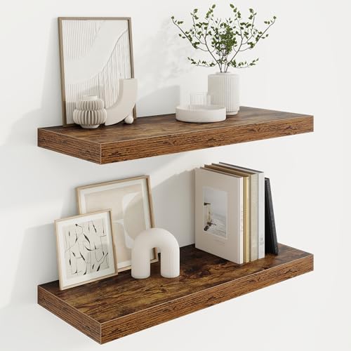 Marsmiles 24in Floating Shelves for Wall, 24" W x 9.25" D x 1.25" H, 2 Pack Long Wall Mounted Engineered Wood Shelves with Invisible Brackets for Living Room, Bedroom, Bathroom, Kitchen, Rustic Brown - color: Rustic Brown With Invisible Metal Brackets, si