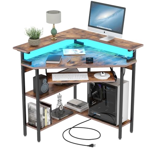 Auromie Corner Desk with Charging Station & LED Light, Triangle Corner Desk with Monitor Stand & Keyboard Tray for Small Space, Gaming Computer Desk with Storage Shelves for Home Office (Rustic) - color: Rustic Plus