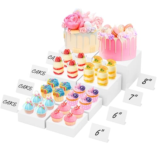 8” Buffet Risers with Mini Signs, Buffet Table Risers and Stands, Acrylic Cube Display Box for Catering Party Table Food Display, Dessert, Cakes - White, Set of 8 Boxes - color: 8 Pack