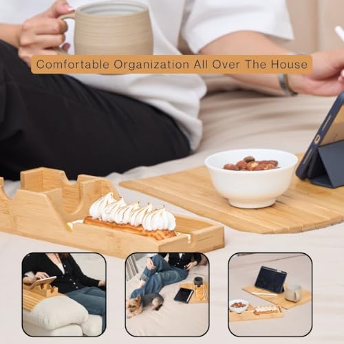 Couch Cup Holder Tray - Portable Sofa Arm Tray Table - Anti-Spill Armchair Caddy Couch Arm Table Snack Organizer with Removable Tray - Remote Control Holder Perfect for Cups, Snacks, Phone