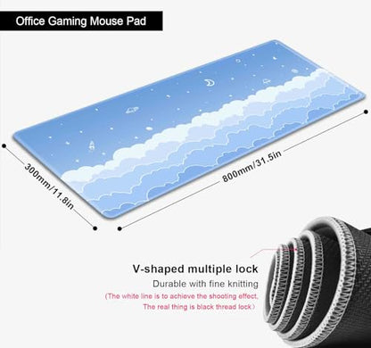 Cute Pastel Blue Desk Mat, Minimalist Large Gaming Mouse Pad Mousepad for Laplop, Kawaii Anime Desk Pad, Gradient White Clouds Computer Pads, Aesthetic Stars Moon Deskpad, 31.5 X 11.8 Inch - color: Gradient Clouds