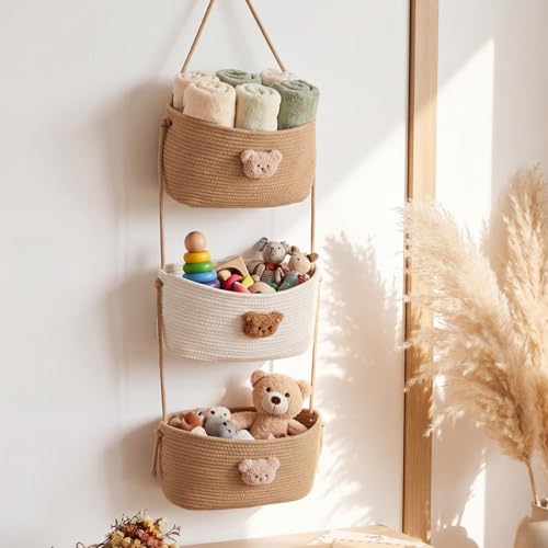 FoldTier Over the Door Hanging Basket 3 Tier Wall Mounted Organizer Bag with Bear Decoration Woven Cotton Boho Storage Hanging Nursery Baskets with Hooks for Nursery Living Room Bedroom Kitchen