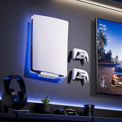 Wall Mount for PS5 with 2 Controller Holders, Sturdy Metal Console Holder Compatible with PlayStation 5, PS5 Slim, PS5 Pro Disc & Digital Editions, White