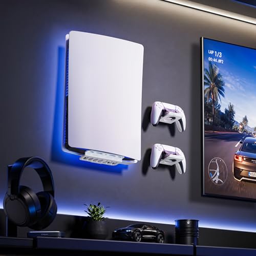Wall Mount for PS5 with 2 Controller Holders, Sturdy Metal Console Holder Compatible with PlayStation 5, PS5 Slim, PS5 Pro Disc & Digital Editions, White