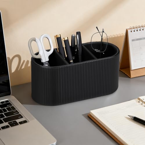 Aesthetic Remote Control Holder, PU Leather Pen Holder for Desk with 3 Compartments for Home Office Supplies and Accessories, Stylish Bedside Remote Holder Nightstand Desktop Organizer (Black) - color: Black