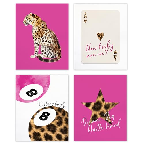 TLESKE Hot Pink Preppy Cheetah Leopard Posters Prints Unframed 8x10 Set of 4, Hot Pink Trendy Lucky 8 Balls Wall Art Prints Decor for Teen Girls Dorm Bedroom, Retro Cheetah Print Wall Pictures - color: hot pink cheetah, size: 10L" x 8W"