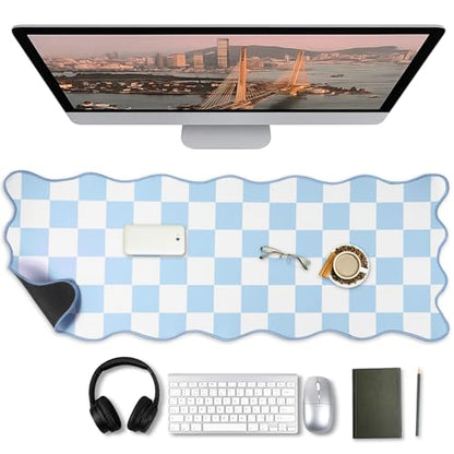 Copkim 1 Pcs Blue Scalloped Checkered Desk Mat 31.5 x 11.8 Inch Large Cute Mouse Pad Computer Mat Non Slip Waterproof Rubber Base with Border Stitching Soft Keyboard Pad for Home Office Gaming Makeup - color: Blue, style: Checkered