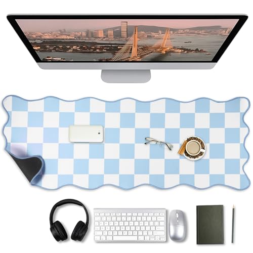 Copkim 1 Pcs Blue Scalloped Checkered Desk Mat 31.5 x 11.8 Inch Large Cute Mouse Pad Computer Mat Non Slip Waterproof Rubber Base with Border Stitching Soft Keyboard Pad for Home Office Gaming Makeup - color: Blue, style: Checkered