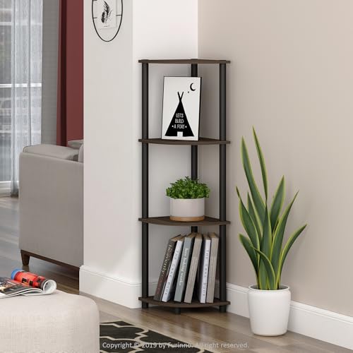 Furinno TURN-N-TUBE Corner Shelf, 4-Tier Corner Bookshelf, Display Storage Shelves with Open Shelves, for Organization and Storage, Living Room, Home Office, Garage, Columbia Walnut - color: Columbia Walnut/Black, size: 4-Tier Round Tube