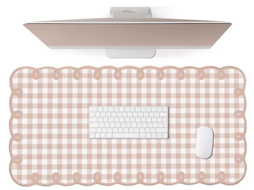 Cute Kawaii Light Brown Scalloped Desk Mat Gingham Checkered Large Mouse Pad Vintage Farmhouse-Inspired Cottagecore Office Desk Decor Stitched Nonslip Pad for Computer Keyboard & Mouse 31 * 15.7in - color: A1- Light Brown