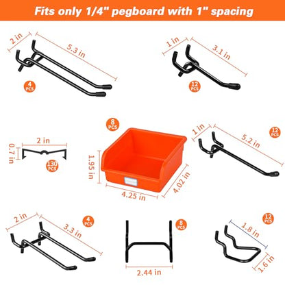 296 PCS Extra Thick 0.2'' Pegboard Hooks for 1/4" Peg Board Hanging Tools, Heavy Duty Metal Black Pegboard Accessories with Pegboard Bins and Peg Locks for Garage Organization - size: 296PCS