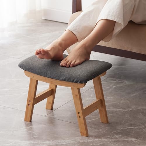 Kitsanery Foot Stool,Ottoman,Bamboo Small Sofa Foot Rest Under Desk,Extra Seating for Living Room, Bedroom and Kitchen (Natural Stool Legs - Gray Surface) - color: Natural Stool Legs - Gray Surface