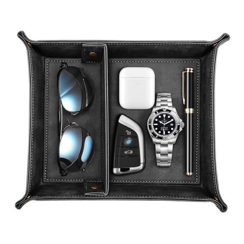 SITHON Valet Tray Desktop Storage Organizer, Removable 2 Compartments Catchall Tray Bedside Vanity Nightstand Caddy Holder Desk Storage Plate, Graduation, Black - color: Black