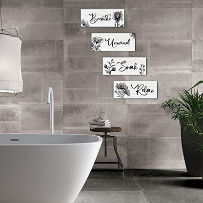 4 Pieces Bathroom Wall Art Rustic Farmhouse Decor Sign Relax Soak Unwind Breathe Wood Hanging Sign for Home Spa Bathroom Laundry Decor