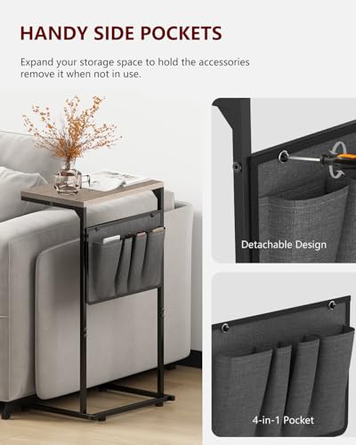 Vantic C Shaped End Table, Small Side Table for Couch and Recliner, Slide Under Sofa Tray Desk with Storage Bag for Living Room and Bedroom, Greige - color: Greige