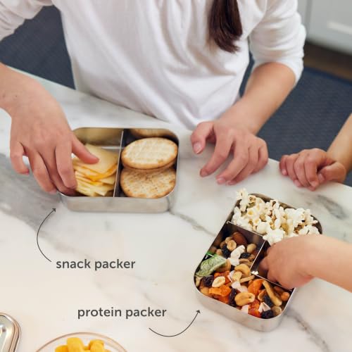 LunchBots Small Protein Packer Bento Box - Extra Small Divided Stainless Steel Snack Container - 4 Sections for 1-2oz of Nuts, Meat, Cheese, Finger Foods - Dishwasher Safe - Stainless Lid - size: 4 Section