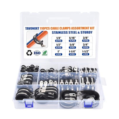 110PCS Cable Clamps Assortment Kit, 9 Sizes (1/4" to 1-1/2") Stainless Steel Rubber-Coated Cushioned Clamps, Insulated Pipe & Wire Holder for Automotive, Fuel Line, Hose, Tube - size: 1/4 Inch - 1-1/2 Inch, style: KIT