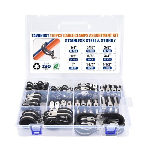 110PCS Cable Clamps Assortment Kit, 9 Sizes (1/4" to 1-1/2") Stainless Steel Rubber-Coated Cushioned Clamps, Insulated Pipe & Wire Holder for Automotive, Fuel Line, Hose, Tube - size: 1/4 Inch - 1-1/2 Inch, style: KIT