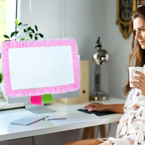 23''-27'' Pink Monitor Cover Lace, Cute Computer Monitor Decor with Bow, Adjustable Monitors Frame, Monitors Cover Cute for Women