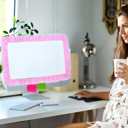 23''-27'' Pink Monitor Cover Lace, Cute Computer Monitor Decor with Bow, Adjustable Monitors Frame, Monitors Cover Cute for Women
