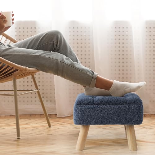 OGEMXU Storage Ottoman, Small Foot Stool Ottoman with Storage, Boucle Teddy Velvet Foot Rest with Padded Seat, Sturdy Wood Legs Stool for Living Room, Bedroom, Couch, Enterway (Dark Blue) - color: Dark Blue