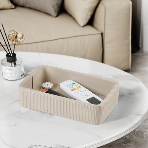 PU Leather Valet Tray Organizer, Small Nightstand Organizer Bedside Desktop Storage for Womens and Men, Perfume Trinket Catchall Vanity Tray for Key Watch Wallet (Beige, Rectangular) - color: Beige