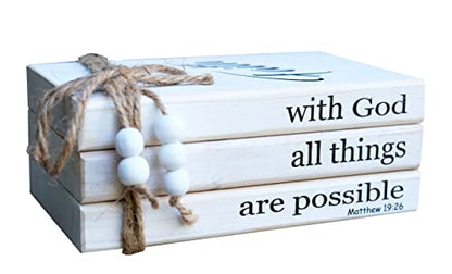 LIVDUCOT Farmhouse Wooden Decor Book Stack | Rustic Faux Book Stacks | With God All Things Are Possible Sign - color: Faith