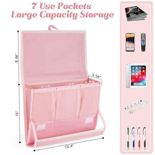 Bedside Caddy Bedside Storage Organizer Bedside Organizer with Power Strip Holder and 2 Adjustable Straps for Home Bunk Bed Dorm Sofa (Pink) - color: Pink
