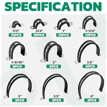 OURU 67pcs Pipe Clamp Assortment Kit 304 Stainless Steel, 10 Sizes (1/2"-4") Heavy Duty Rubber Cushioned Insulated Pipe Strap, U Bracket Clamp Conduit Clamp for Automotive, Wire & Tube - size: 1/2"-4"