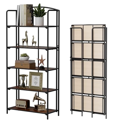 Crofy 5-Tier Wider Foldable Bookshelf, Black Frame & Walnut Shelves | Collapsible Portable Storage Organizer; Sturdy Walnut Finish Shelves; Ideal for Living Room & Home Office - color: Black Frame & Walnut Shelf, size: 5 Tier Wider