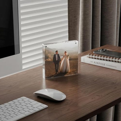 ATZYmolin 4x4 Acrylic Picture Frame 3 Pack, 20mm Thick Magnetic Double Sided Display 20% Thicker- Frameless Clear Transparent Photo Frame for Desktop/Tabletop, Self Standing with Microfiber Cloth - size: 4x4"
