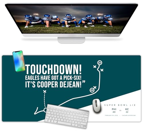French KOKO Large Philadelphia Desk Mat for Desktop – XL Desk Pad Mat with Smooth Surface, Green Football Theme Office Decor, Man Cave Accessory, Men Gifts & Game Day Gift - color: Philly Football: Pick-Six, size: 16.5" x 36"
