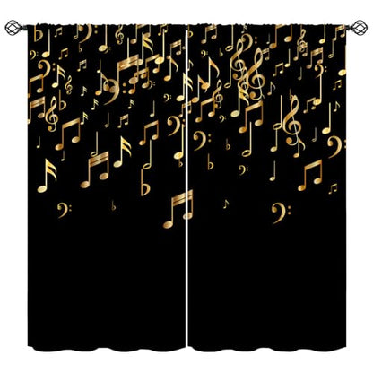 Musical Notes Curtains, Golden Music Note Print Black Background Modern Art Window Treatments Drapes for Living Room Bedroom Kitchen Home 42" W X 45" L(No Blackout) - color: Musical-10, size: 20.5"W x 45"L (Pack of 2)