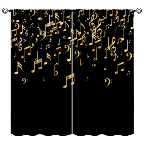Musical Notes Curtains, Golden Music Note Print Black Background Modern Art Window Treatments Drapes for Living Room Bedroom Kitchen Home 42" W X 45" L(No Blackout) - color: Musical-10, size: 20.5"W x 45"L (Pack of 2)
