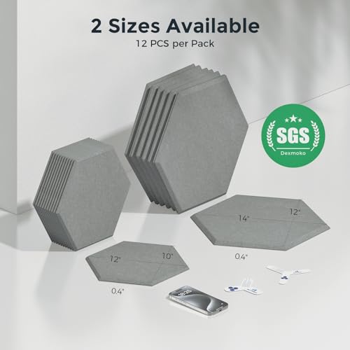 Self-Adhesive Acoustic Panels [390 lbs/yd³ Ultra-High Density], 2nd Generation Sound Absorbing Panel, Professional Level Sound Panel, Polyester Soundproof Foam [Medium Hexagon, Moon Grey] - color: Moon Grey, size: Medium Hexagon (12''x10''x0.4'')