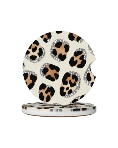 Car Cup Holder Coasters, 2 Pcs Ceramic Coasters with Finger Slot and Cork Back, Anti-Slip Shock Absorbing Women and Men Universal Car Accessories - Art Leopard Print - color: Art Leopard Print