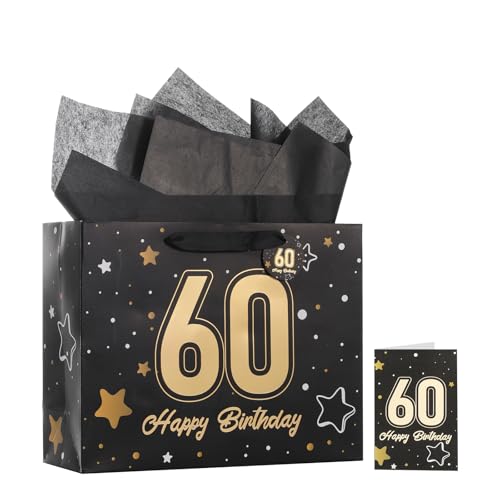 Powbrace 13" Black 60th Birthday Gift Bag with Tissue Paper and Greeting Card for Party,Happy Birthday Gift Bag for Men Women,Gift Bags Medium size(1 Black 60th) - color: 1 PCS Black 60th, size: 1 count (Pack of 1)