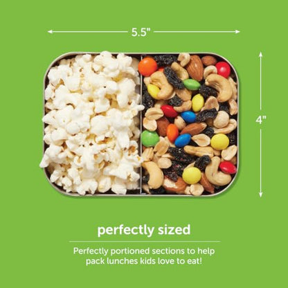 LunchBots Small Snack Packer Bento Box - Extra Small Divided Stainless Steel Snack Container - 2 Compartments for Fruits, Vegetables and Finger Foods - Dishwasher Safe – Stainless Lid - size: 2 Section