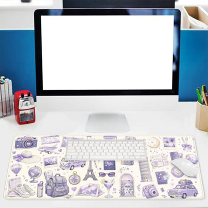 Travel Collage Gaming Mouse Pad Pastel Purple Paris Large Desk Mat Waterproof Stitched Edges Rubber Base Non-Slip Deskmap Computer Keyboard Mat Office Computer Keyboard Laptop 31.5"x11.8" - color: Travel Collage